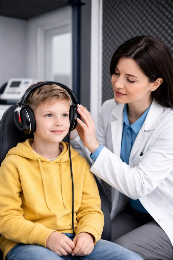 Adult patient completing a hearing test during an audiology appointment in Bryanston