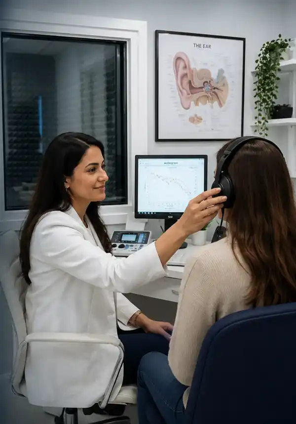Audiologist fitting hearing-test headphones for an adult patient in a modern clinic