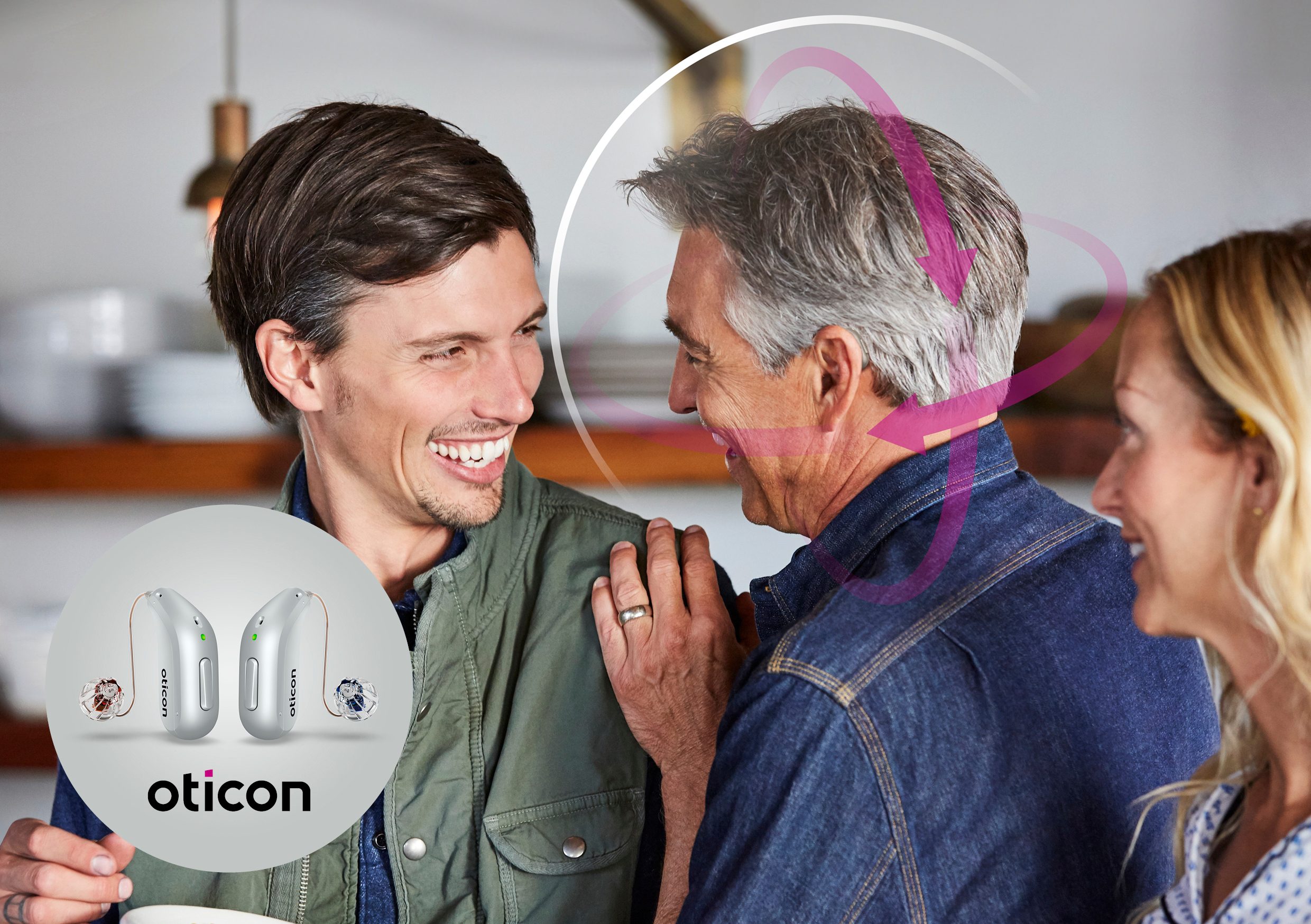 Man in conversation with an Oticon Intent sensor graphic