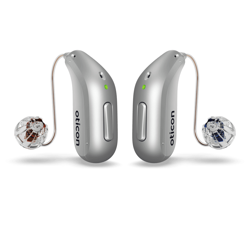 Pair of Oticon Intent rechargeable hearing aids in Silver Grey
