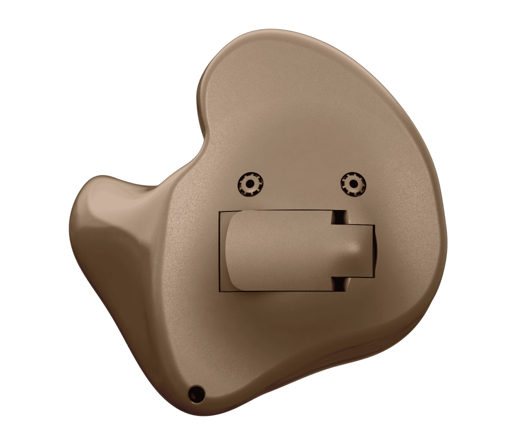 Medium-brown Oticon Jet PX full-shell hearing aid