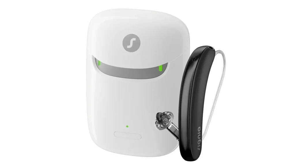 Signia CROS Styletto IX hearing aid with charger